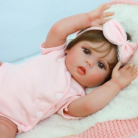 SCOM Reborn Baby Doll Girl - 18 Inch Realistic Real Life Doll, Anatomically Correct Baby with Cloth Body & Vinyl, Newborn Lifelike Weighted Toddler with Hair for Ages 3 4 5 6 + Year Old Gift
