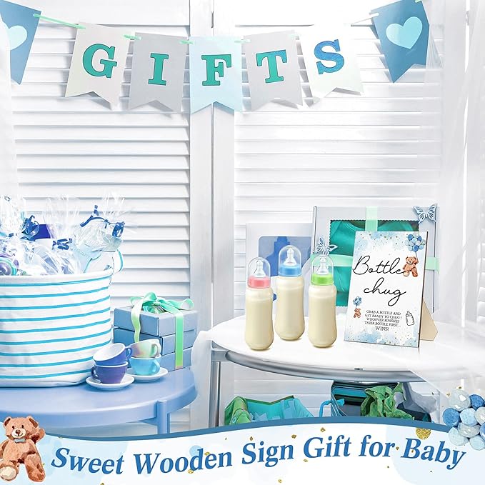 Roowest Bottle Chug Baby Shower Game Favors 12 Pcs Baby Bottles Shower Favor with 1 Wooden Sign for Gender Reveal Party Supplies Gifts(Bear)