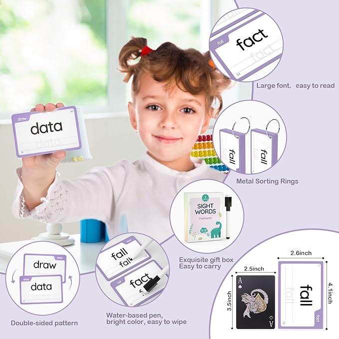 WJPC 58 Cards, 116PCS High Frequency Sight Words Flash Cards (Second-Grade), 1st, 2nd, 3rd Grade, 6,7,8,9 Years Ages Kids Boys Girls Homeschool Phonics Learning Cards to Read, Write.