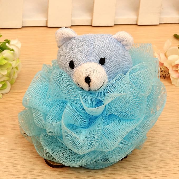 Cute Unicorn Kids Bath Loofahs Balls for Baby Girls Boys Mesh Shower Ball Pouf Exfoliating Bath Sponge Body Cleaner Bath Accessories (Blue Bear B)