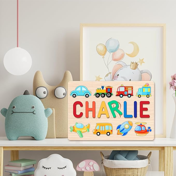 Personalized Name Puzzle for Kids, Custom Wooden Name Puzzle for Toddlers 1-3, Personalized Baby 1st Birthday Gifts, Alphabet Puzzle Engraved Text On Back with Pegs, Easter Basket Stuffers