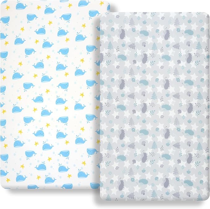 Pack n Play Flat Sheet 2 Piece Mini Crib Sheet Elastic Playard Sheet Set Portable Sheet Set Elastic Convertible Playmat Compatible Graco Pack n Play (Owl and Tree Bag) (Whale & Hedgehog)