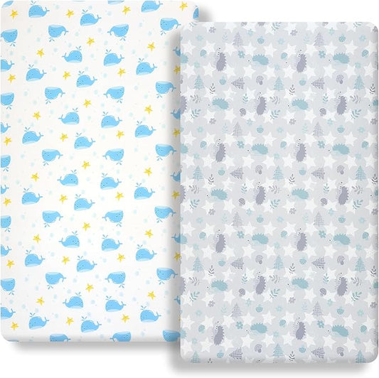 Pack n Play Flat Sheet 2 Piece Mini Crib Sheet Elastic Playard Sheet Set Portable Sheet Set Elastic Convertible Playmat Compatible Graco Pack n Play (Owl and Tree Bag) (Whale & Hedgehog)
