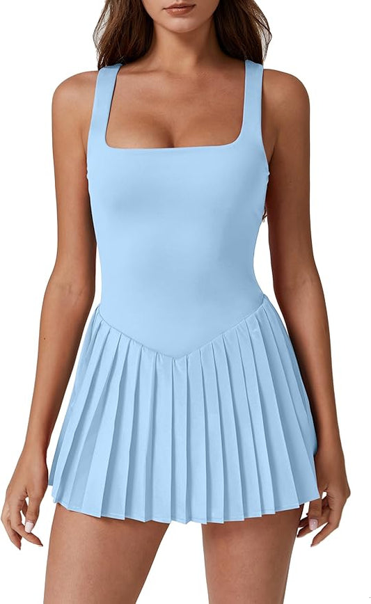 QINSEN Womens Square Neck Tennis Dress Pleated Sleeveless Built in Shorts Golf Athletic Dress with Pockets