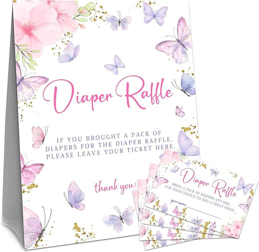 Watercolor Butterfly Diaper Raffle Set For Baby Shower - 50 Raffle Tickets With 1 Standing Sign - Baby Announcement, Gender Reveal Baby Shower Party Decoration Game Set - A03