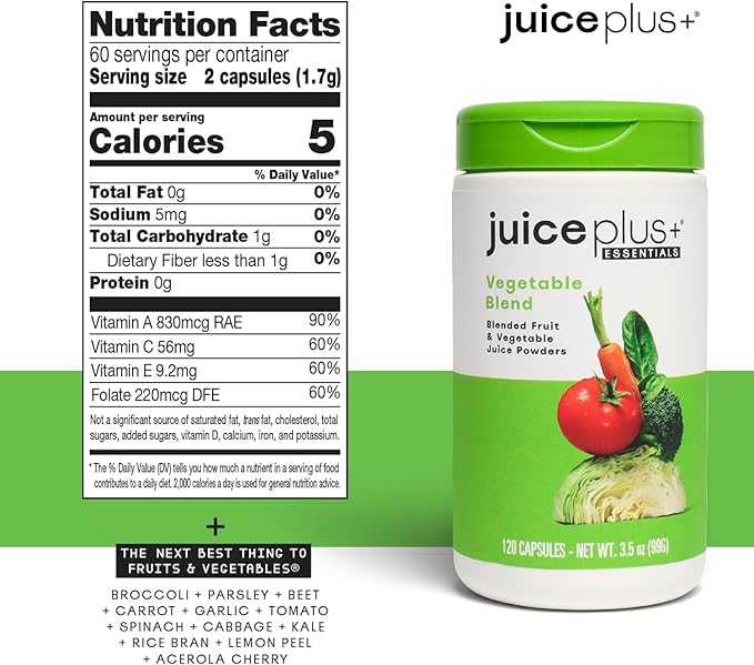 JuicePlus+ Fruit, Vegetable & Berry Blend: Nutrient-Packed Ingredients For Heart Health, Immune Function, Cognitive Performance, & Radiant Skin - Prepacked 3 bottles (60 servings of Fruit, Veg, Berry)