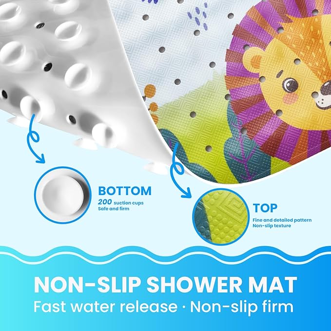 Linoows Baby Bath Tub Mat, 40 x 16 Inch Extra Large Non Slip Kids Cartoon Bathtub Shower Mats with Suction Cups & Drain Holes, Machine Washable for Bathroom, Forest Animals