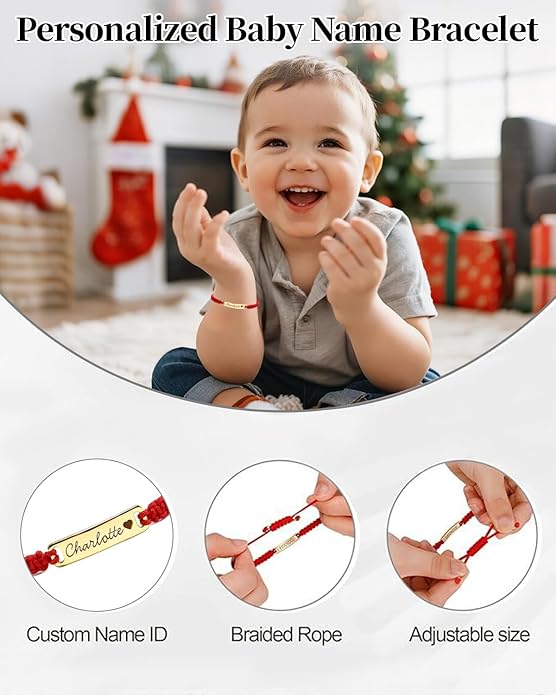 Personalized Baby Bracelet, 18K Gold Plated Custom Name Bracelet, Braided Cord Baby Bracelet Adjustable for Baby Girls and Boys as Birthday Gift Baptism Gift