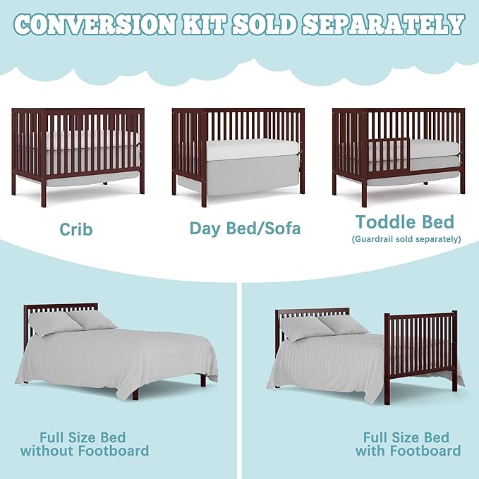 Baby Crib 5-in-1 Convertible, Wood Full Size Toddler Bed for Small Baby, Made of Sustainable Natural Pinewood Cribs, Non-Toxic Finish, Simplistic Nursery Furniture (Espresso)