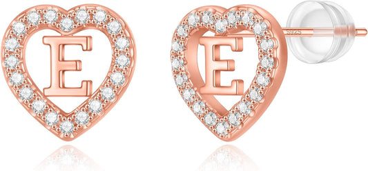 Initial Heart Earrings for Girls, Sterling Silver Post Silver/Rose Gold Heart Initial Stud Earrings for Little Girls Kids Baby Earrings Non Tarnish Hypoallergenic Earrings for Teen Girls Gifts Jewelry