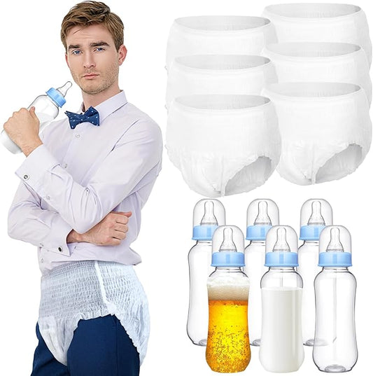 Hushee 6 Sets Funny Plastic Bottle Chug Baby Shower Games Diaper Baby Shower Game Gender Reveal Race Gifts Decoration for Adults Boys Girls (Blue)