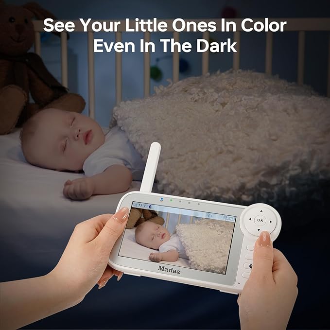 Madaz Video Baby Monitor with Color Night Vision - No WiFi, 5" HD Display, Lullabies, Temperature Sensor, 2-Way Talk, 1080P Pan-Tilt-Zoom Camera,1000ft Range + Night Light