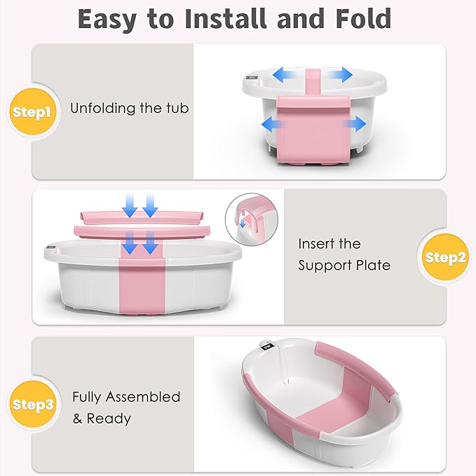 Collapsible Baby Bathtub for Newborn to Toddler 0-36 Months,Extra Large Foldable Infant Bath Tub with Thermometer,Cushion & Drain Hole,Portable Travel Tub, Baby Shower Gift Pink