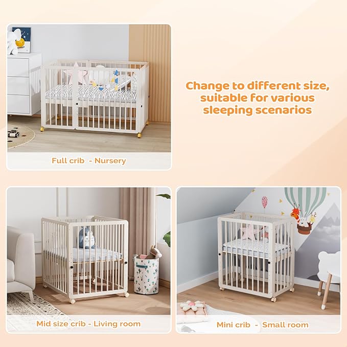 JOYMOR 8 in 1 Convertible Crib with Changer, Include 2” Mattress, Converts to Bassinet, Mid Crib, Full Size Crib, Daybed,Toddler Bed and Playard (Crib, Washed Natural)