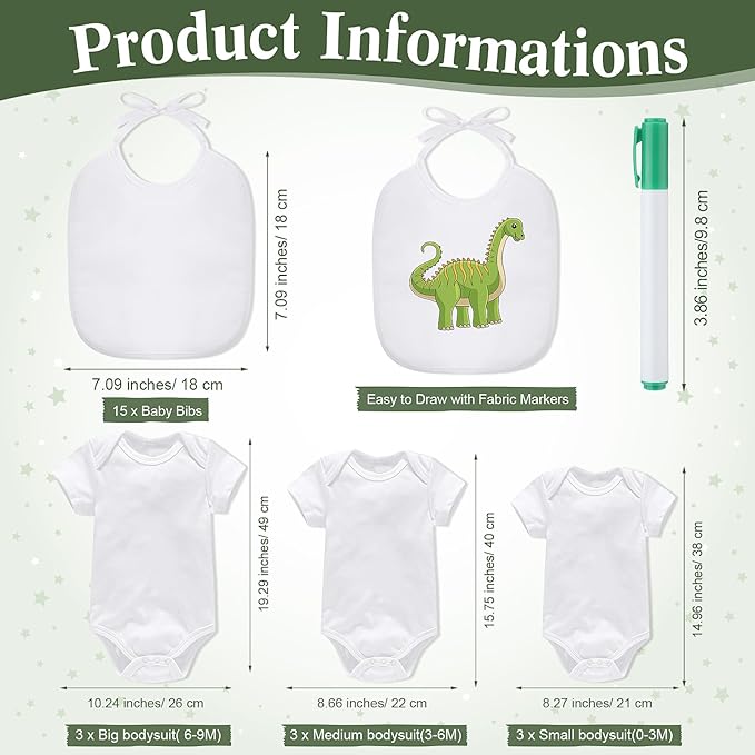Roowest 35 Pcs Baby Shower Bibs Games Design Wooden Baby Shower Party Game Sign DIY Bodysuit Sign 15 White Blank Feeder Bibs 9 Newborn Bodysuit 10 Markers for Boys Girls(Greenery)