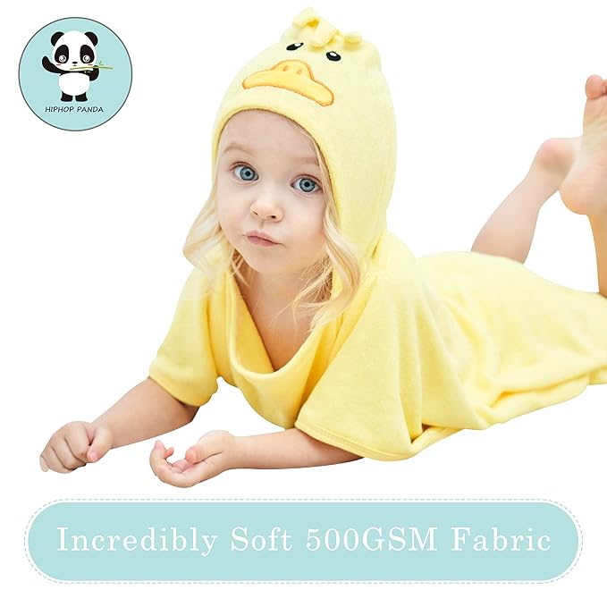 HIPHOP PANDA Hooded Towel - Rayon Made from Bamboo, Bath Towel with Bear Ears for Newborn, Babie, Toddler, Infant - Absorbent Large Baby Towel - Yellow Duck, 21.5 x 22.5 Inch
