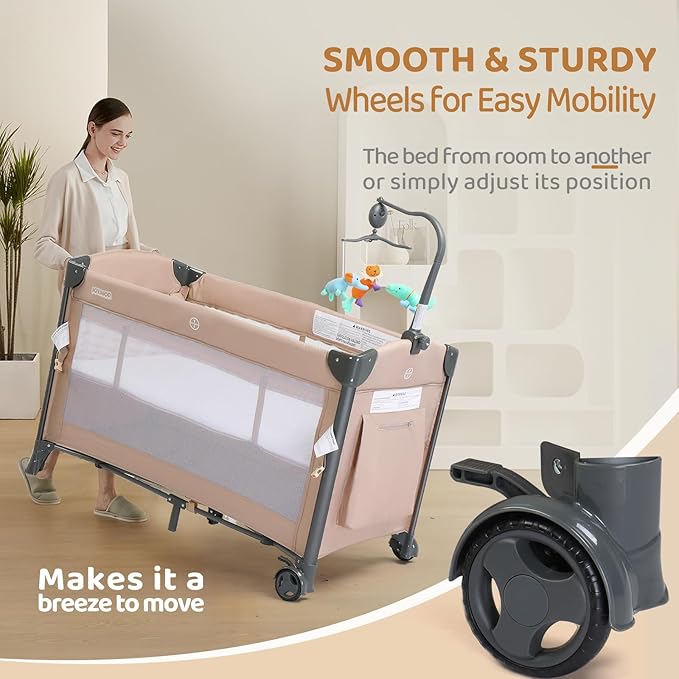 JOYMOR Baby Bedside Bassinet, Baby Bassinet, Pack n Play Convert Playpen, Quick Foldable Travel Bed with Toy, Wheels & Brake, Carry Bag for Boys Girls (Beige)