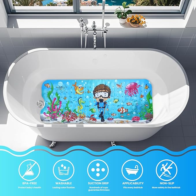 Linoows Baby Bath Tub Mat, Extra Large Non Slip Kids Cartoon Bathtub Shower Mats with Suction Cups & Drain Holes, Machine Washable for Bathroom, 40 x 16 Inch, Undersea-Diver