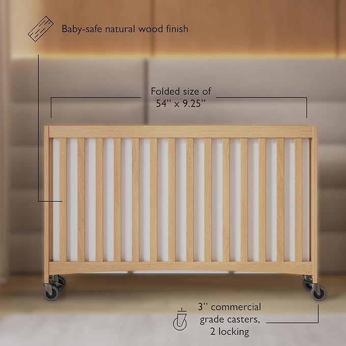 Foundations Travel Sleeper Full-Size Wooden Folding Crib with 3” InfaPure Foam Mattress and Commercial Grade Casters, Hotel Crib (Natural)