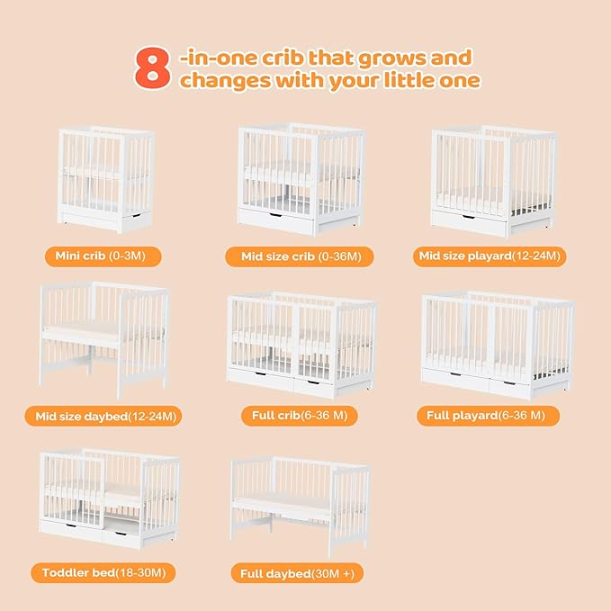 JOYMOR 8 in 1 Convertible Crib with Changer, Include 2” Mattress, Converts to Bassinet, Mid Crib, Full Size Crib, Daybed,Toddler Bed and Playard (Crib with Drawer, White)