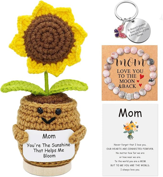 Lamyba Mom Gifts,Mothers Day Gifts for Mom,Birthday/Christmas/Valentine's Day Gift,Handmade Positive Sunflower Doll Crochet with Card,Keychains,Bracelet and Gift Card