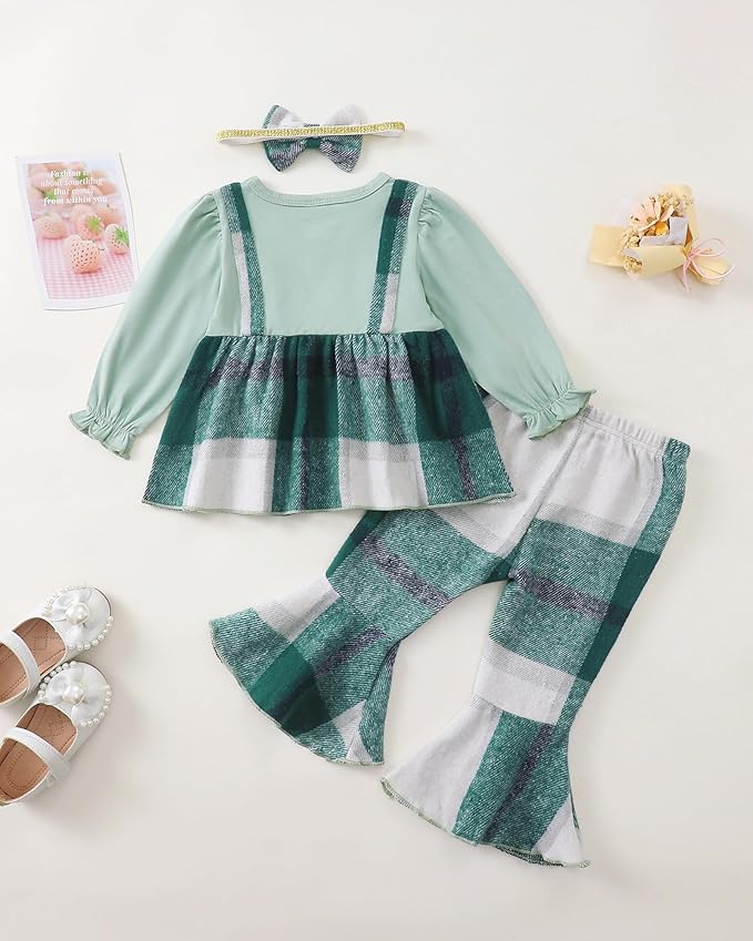 Kucnuzki Toddler Baby Girl Clothes Outfit Long Sleeve Plaid T Shirt Top Flare Leggings Pants 2 Piece Outfit Kids Clothes