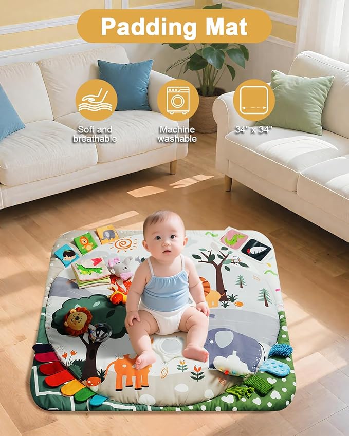 Baby Play Gym with 4 Developmental Zones – Tummy Time Mat & Activity Mat with 6 Sensory Toys, Visual Cards & Pillow – Baby Essentials & Ideal Gift for Newborns