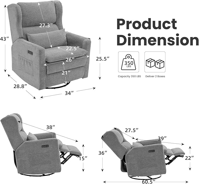 Oversized Swivel Rocker Recliner with Adjustable Headrest, 26" Extra Wide Glider Recliner Nursery Chair with Double Cushion, Chenille Glider Rocking Chair for Living Room,Cup Holder,Grey