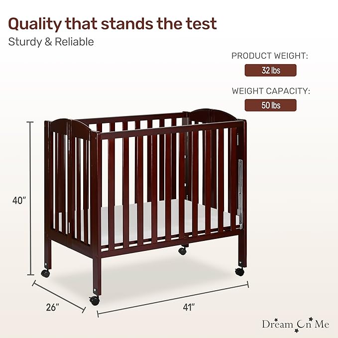 Dream On Me 3 In 1 Portable Folding Stationary Side Crib In Espresso, Greenguard Gold Certified, Safety Wheel With Locking Casters, Convertible, 3 Mattress Heights