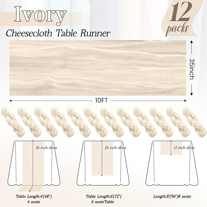 12Pack Ivory Cheesecloth Table Runner 35 x 120 inch Cheese Cloth Table Runner 10FT Boho Table Runners Rustic Gauze Table Runners for Party Wedding Birthday Dining Bridal Shower Baby Shower Decor