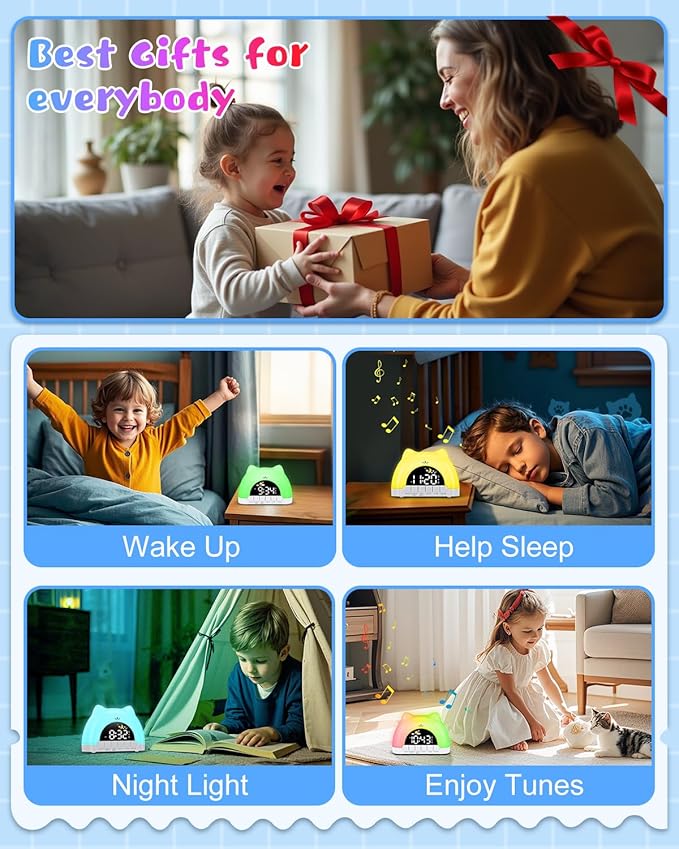 Kids Alarm Clock, OK to Wake Clock for Kids, Cat Clock with 11 Colors Night Light, 10 Soothing Sounds, Child Lock, Dual Alarms, Sleep Training, Birthday Gift for Boy Girls Children