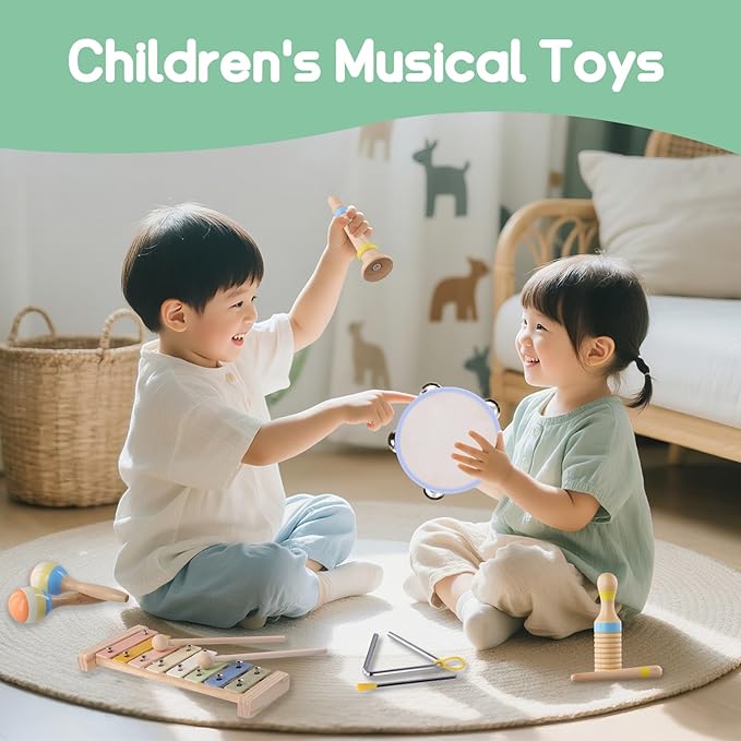 Montessori Wooden Musical Instruments for Toddlers 1-3, Baby Music Toy Set with Xylophone, Tambourine, Triangle, Clarinet, Maracas, Natural Sensory Educational Toys for Boys and Girls
