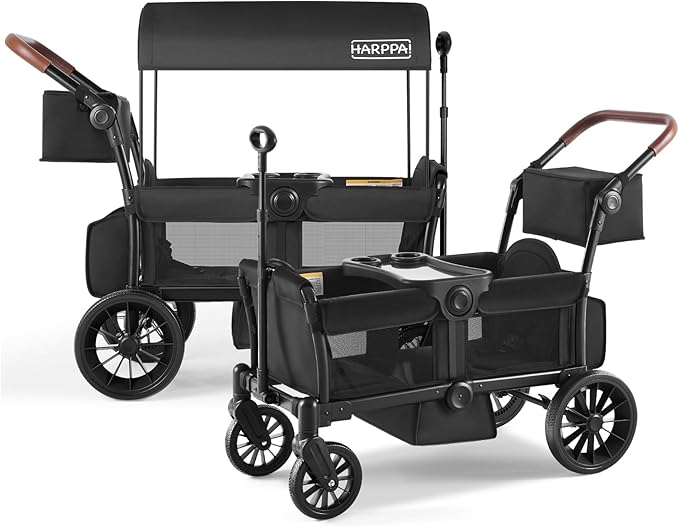 HARPPA All-Terrain Wagon Stroller for 2 Kids, Foldable Outdoor & Beach Stroller Wagon with Removable Canopy, Adjustable Push & Pull Handle, Footwell & Large Storage, Black