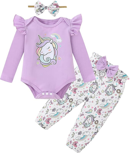 DISAUR Baby Girls Clothes Newborn Infant Baby Girls Outfit Long Sleeve Ruffle Romper Floral Pants Headband Sets 0-18 Months