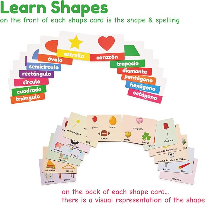 Spanish Flash Cards for Kids and Toddlers - 101 Cards - 202 Sides - Learn Shapes, Numbers, Colors, Body Parts, Counting, Letters & More - Great Value, Fun Learning and Educational Flashcards