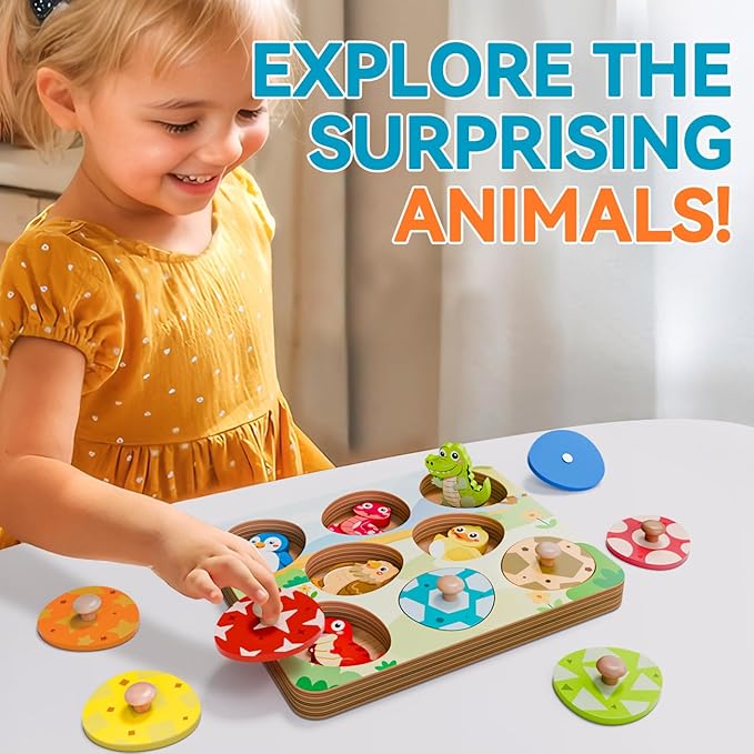 Wooden Puzzles for Toddlers 1-3, Baby Puzzle 12-18 Months, Montessori Toys for 1 2 Year Old Boys Girls Birthday Gifts, Animal Peg Puzzles for Toddlers Ages 2-4, Preschool Learning Activities