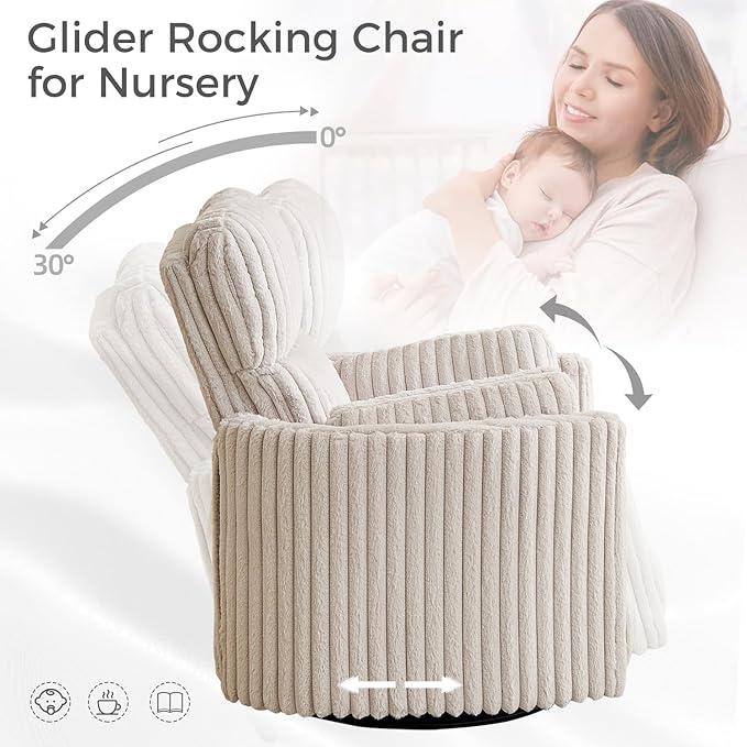 Power Swivel Glider Rocking Recliner Nursery Chair with 2 Pillows, Electric Rocker Reclining Chairs with Type-C & USB Charger Port for Living Room, High Back Barrel Armchair for Bedroom,Corduroy,Beige