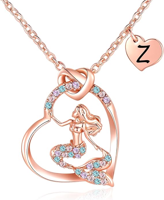 K-Acc 14K Gold-Plated Mermaid Initial Heart Necklace - Gifts for Girls