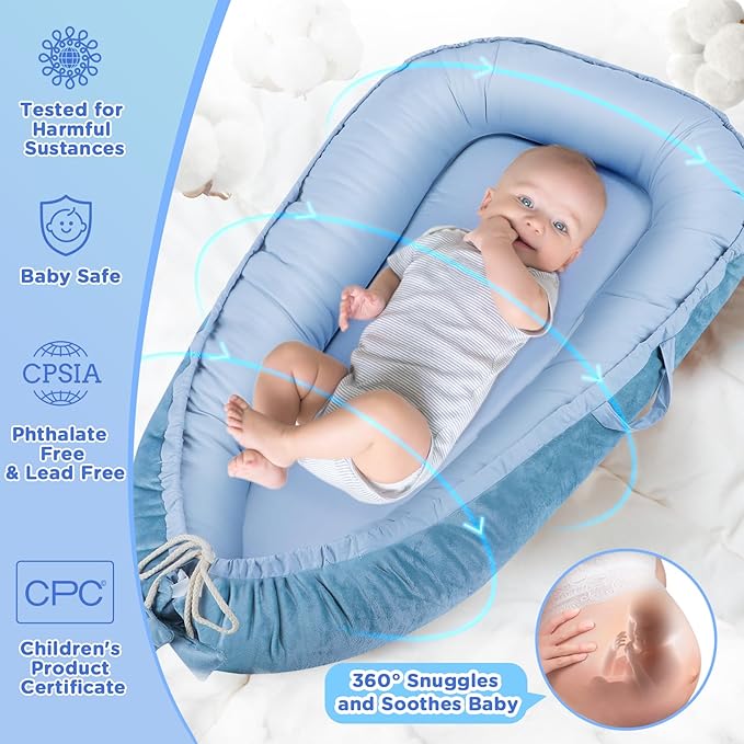 Baby Lounger - Baby Lounger for Newborn 0-24 Months, Breathable & Soft Cotton and Velvet Cover Baby Nest, Portable Cozy Infant Lounger for Home and Travel, Ideal Baby Essentials & Shower Gifts