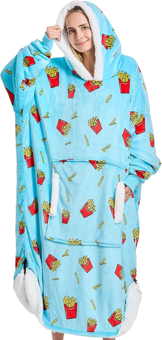 yescool Wearable Blanket Hoodie - birthday gifts for Adults/Women/mom, Flannel Cozy Sherpa Fleece Blanket Sweatshirt with Hood, Pocket & Sleeves, Large, One Size Fits All (Fries)
