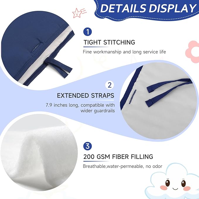 Navy Blue 3pcs New Teething Edge Crib Rail Cover&Corner Guard Coverage Straps,Reversible Guardrail Cover Protector for Boys Girls(1 Long 2 Short)