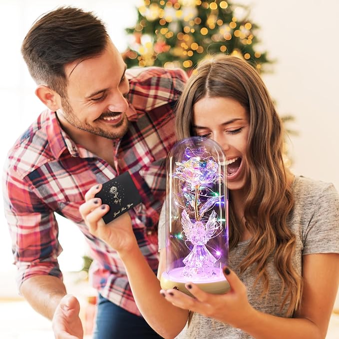Birthday Gifts for Women Angel Rose USB Rechargeable Light Up Flowers in Glass Dome,Preserved Flowers Grandma Mom Gifts from Daughter Angel Figurines for Anniversary Mothers Day