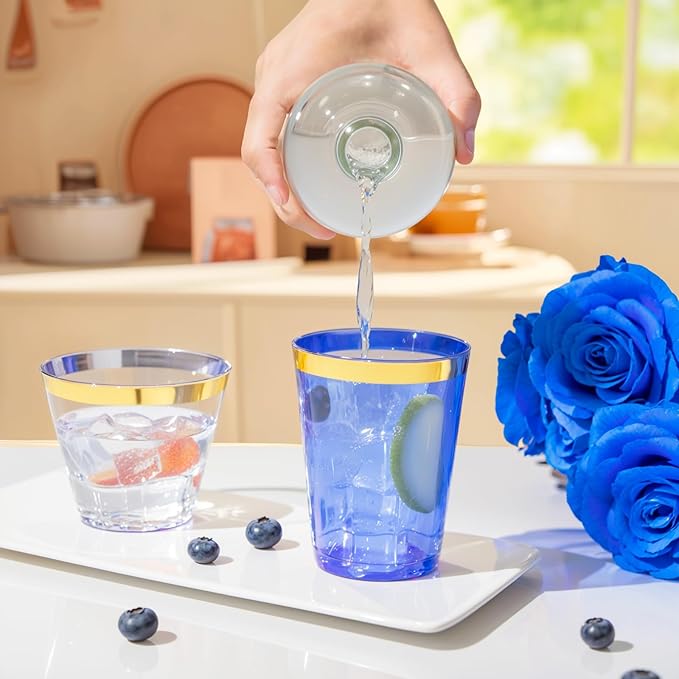 supernal 100 Pcs Blue Plastic Cups,10 Oz Clear Blue Disposable Cups with Gold Trim,Plastic Cocktail/Drink/Bridal Shower/Baby Shower Cups for Party,Wedding and Birthday,Cute Disposable Cup