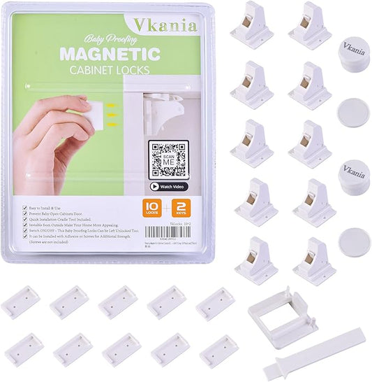 10 Pack Magnetic Cabinet Locks Baby Proofing - Vkania Baby Safety Latches for Drawers and Cabinets -Easy Installation No Drilling