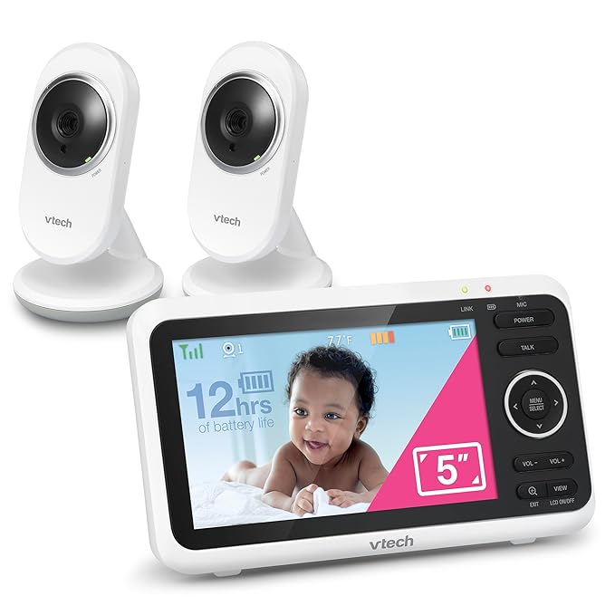 VTech [Upgraded] VM350-2 Baby Monitor, 5" Screen,2 Cameras,1000ft Range, Night Vision, 2-Way Audio, Lullabies, Secure Transmission No WiFi