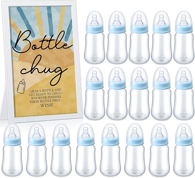 Roowest Bottle Chug Baby Shower Game Favors Including Blue Son Theme Wooden Sign and 18 Pcs Baby Bottles for Gender Reveal Party Supplies
