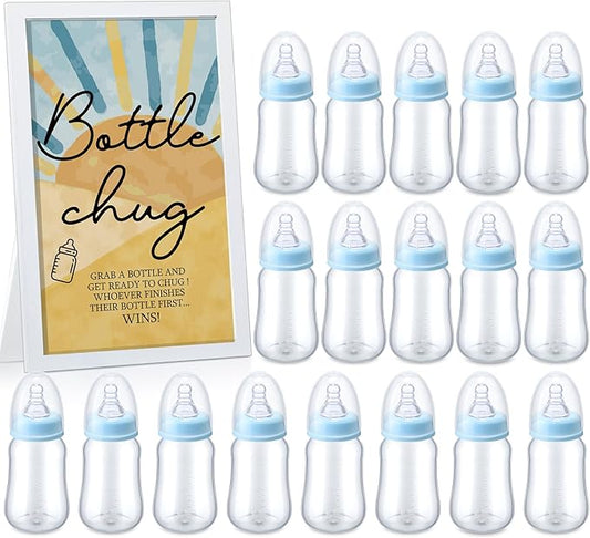 Roowest Bottle Chug Baby Shower Game Favors Including Blue Son Theme Wooden Sign and 18 Pcs Baby Bottles for Gender Reveal Party Supplies