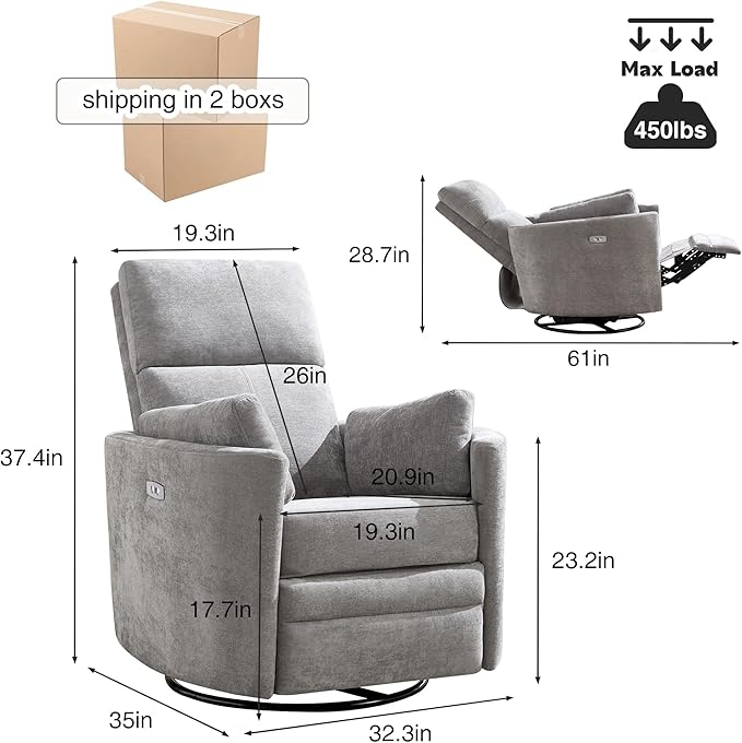 Power Recliner, Upholstered Nursery Adult Swivel Rocking Glider, Electric Recliner Chair with USB Port with 2 Pillows for Living Room Bedroom (LIGHTGREY, Power-Driven)