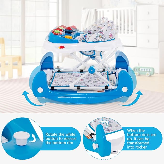 INFANS Baby Walker, 5 in 1 Behind Walker Learning Seated Rocker Bouncer with Removable Music Tray, Adjustable Height, Washable Seat Cushion, Foldable Activity Center for Toddlers (Unicorn)