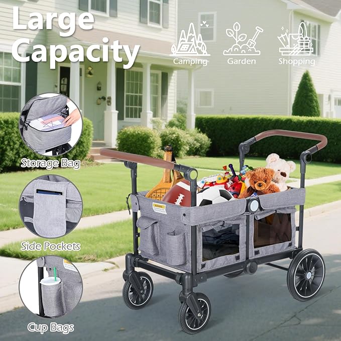 Kinder King Folding Wagon Stroller for 2 Kids, All-Terrain Baby Stroller Wagon Outdoor, Removable Canopy 2 Seater, Adjustable Handle, Shock-Absorbing Wheel, Detachable Tray, Parent Organizer, Gray